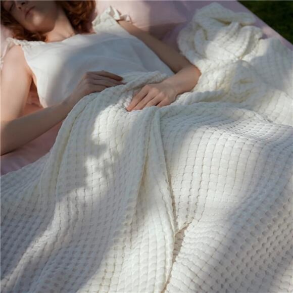 Cooling Cotton Waffle Queen Size Blanket - Lightweight Breathable Summer Blanket - Picture 1 of 7